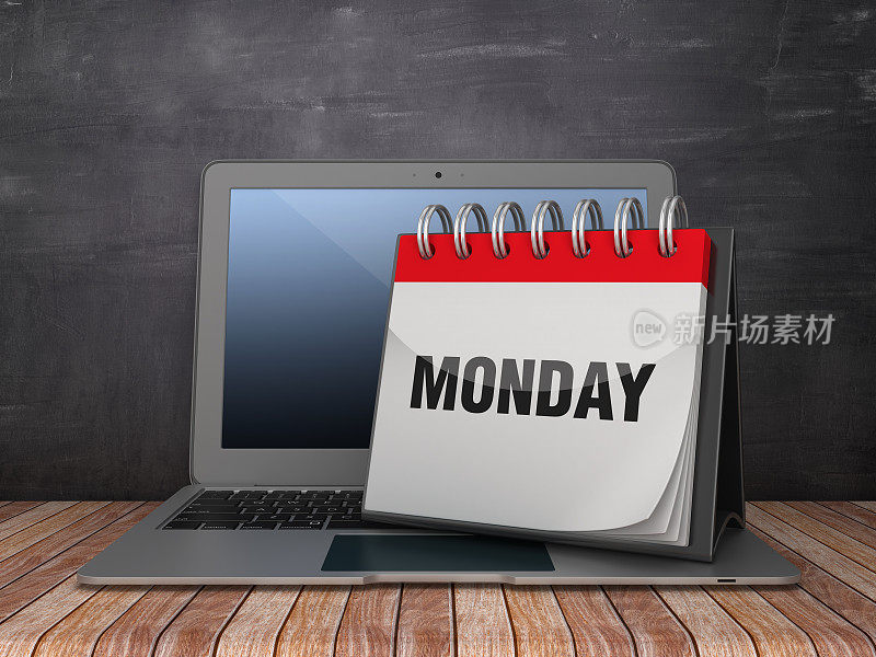 星期一日历与电脑笔记本在黑板上的背景- 3D渲染